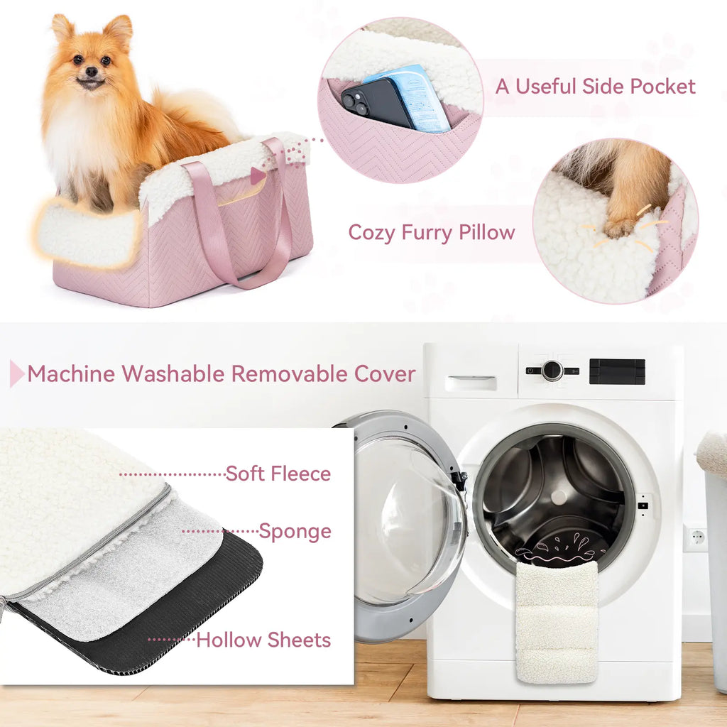 PETSFIT Luxury Look Pet Car Seat - Cat & Dog Console Car Accessory with Safe Protective Hooks, Safety Leash, Storage Pocket, Shoulder Straps - Leather & Fabric, Portable for Pets up to 11 Lbs (Pink)