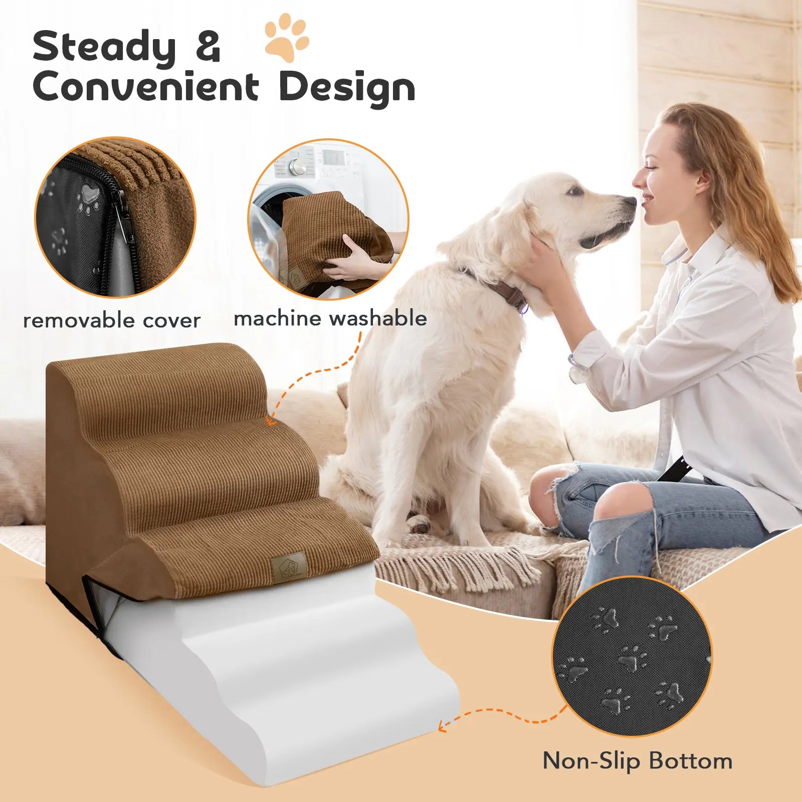 TSYPAIRS 5 Steps Ramp for Large Dogs, 23" Foam Dog Stairs, with Non-Slip Bottom, Dog Ramp, Gray, Brown, Etc
