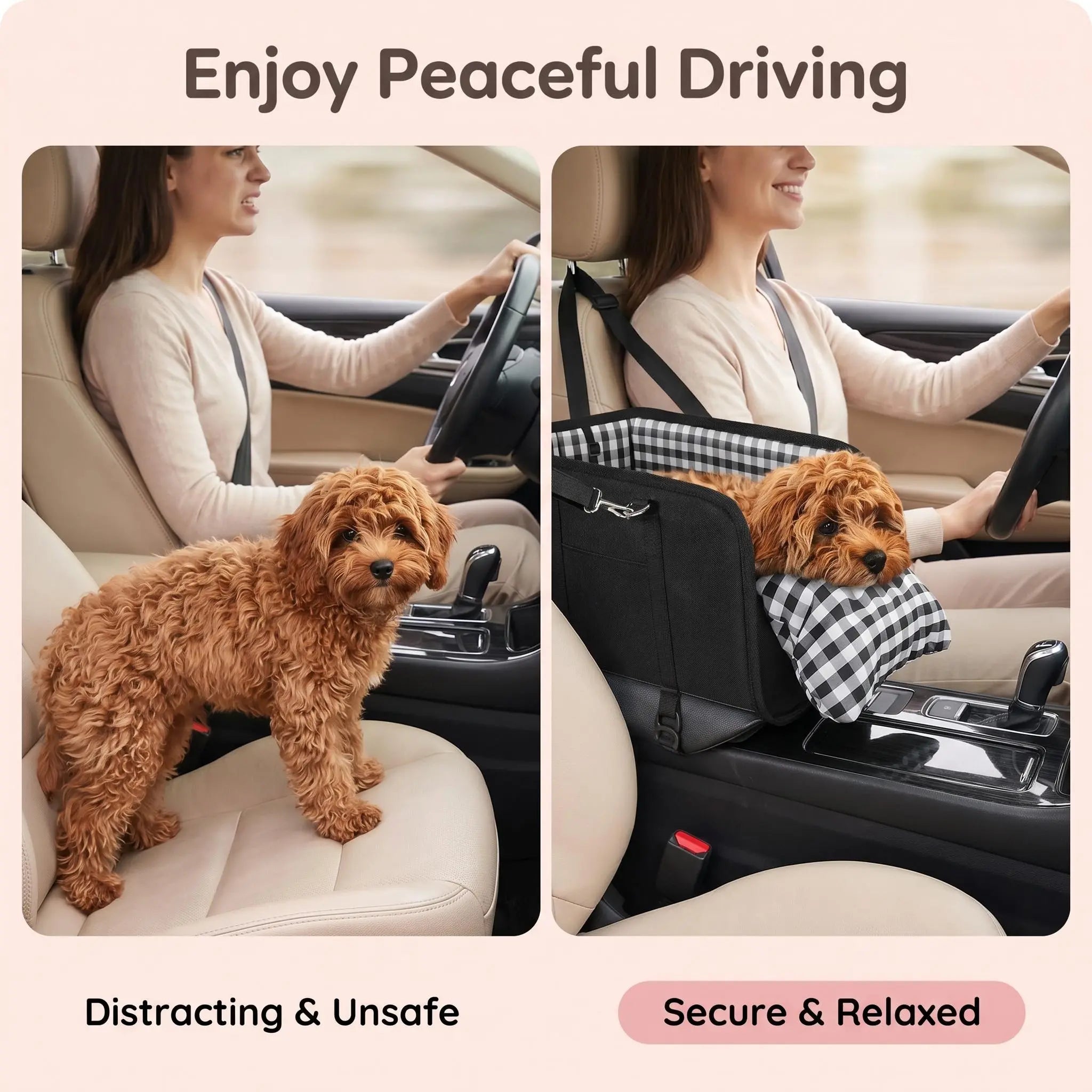 Anti-Anxiety Dog Console Car Seat with Safety Leash - Comfort Plaid Puppy Car Bed Booster, Washable Travel Car Carrier Seat for Chihuahua, Yorkie Gift Cat,Back to School