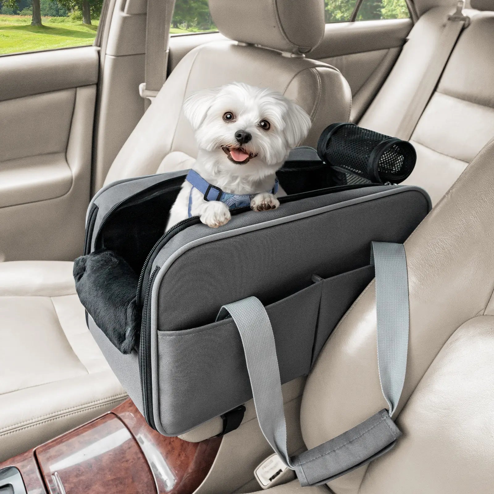 PETSFIT Versatile Fabric Center Console Dog Car Seat - Airline Approved Carrier, 2 Pockets, Ample Storage, Safety Tether, Portable for Small Dogs/Cats up to 9 LBS (16.9" X 9" X 9.5", Deep Grey)