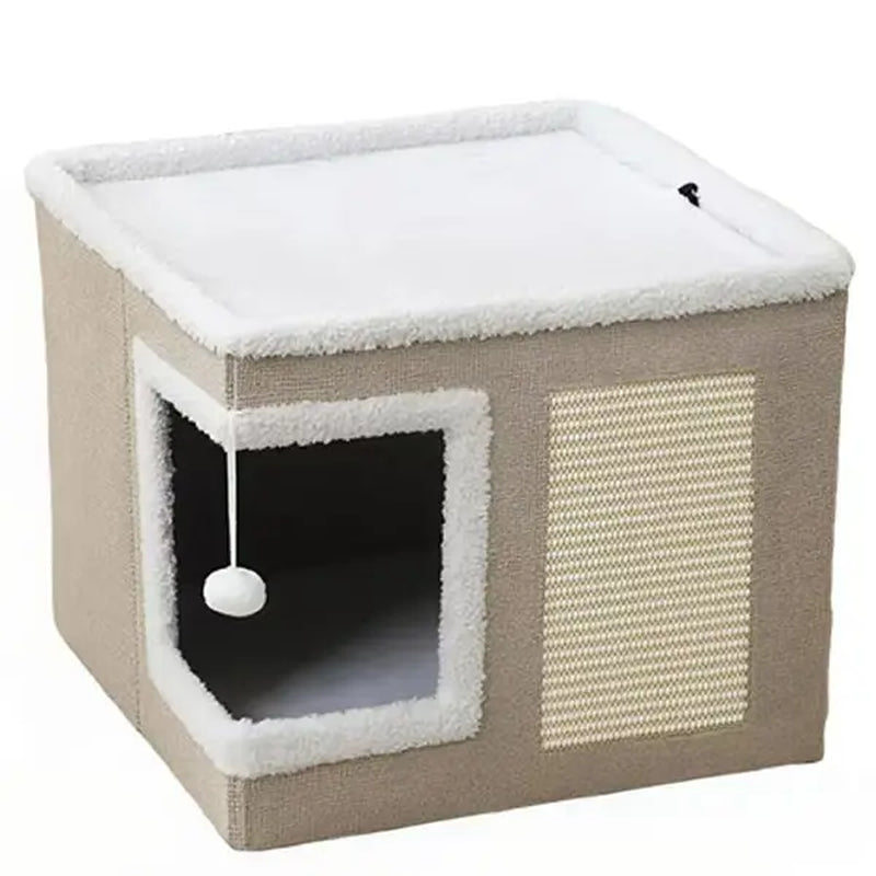 Large Indoor Cat Bed - Soft Foldable Cat Cave Hideaway for Kittens and Adult Cats with Sisal Scratch Pad and Hanging Fluffy Ball, 16.5" x 16.5" x 14", Grey