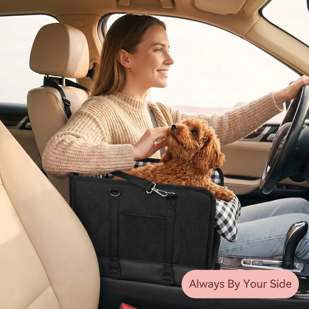 Anti-Anxiety Dog Console Car Seat with Safety Leash - Comfort Plaid Puppy Car Bed Booster, Washable Travel Car Carrier Seat for Chihuahua, Yorkie Gift Cat,Back to School