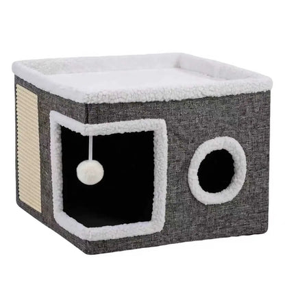 Large Indoor Cat Bed - Soft Foldable Cat Cave Hideaway for Kittens and Adult Cats with Sisal Scratch Pad and Hanging Fluffy Ball, 16.5" x 16.5" x 14", Grey