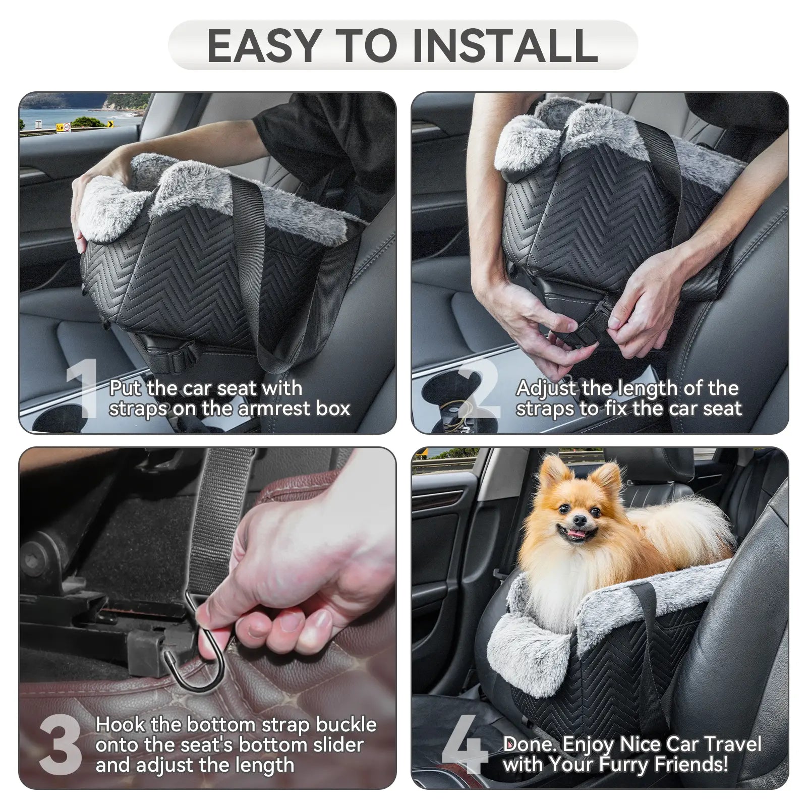 PETSFIT Center Console Dog Car Seat, Portable Pet Car Seat with Safe Protective Hooks, Luxury Dog Car Seats for Small Dogs Includes Safety Leash and Storage Pocket for Pets up to 11 Lbs (Black),Back to School Sohochic