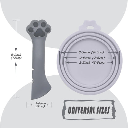 Pet Food Can Spoon & 3 Pcs Can Covers | Cute Paw Shape Opener Spatula Cat Wet Food Spoon | Universal BPA Free Silicone Lids for Dog Cat Cans(Grey)
