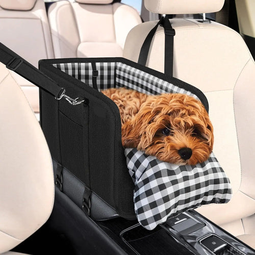 Anti-Anxiety Dog Console Car Seat with Safety Leash - Comfort Plaid Puppy Car Bed Booster, Washable Travel Car Carrier Seat for Chihuahua, Yorkie Gift Cat,Back to School