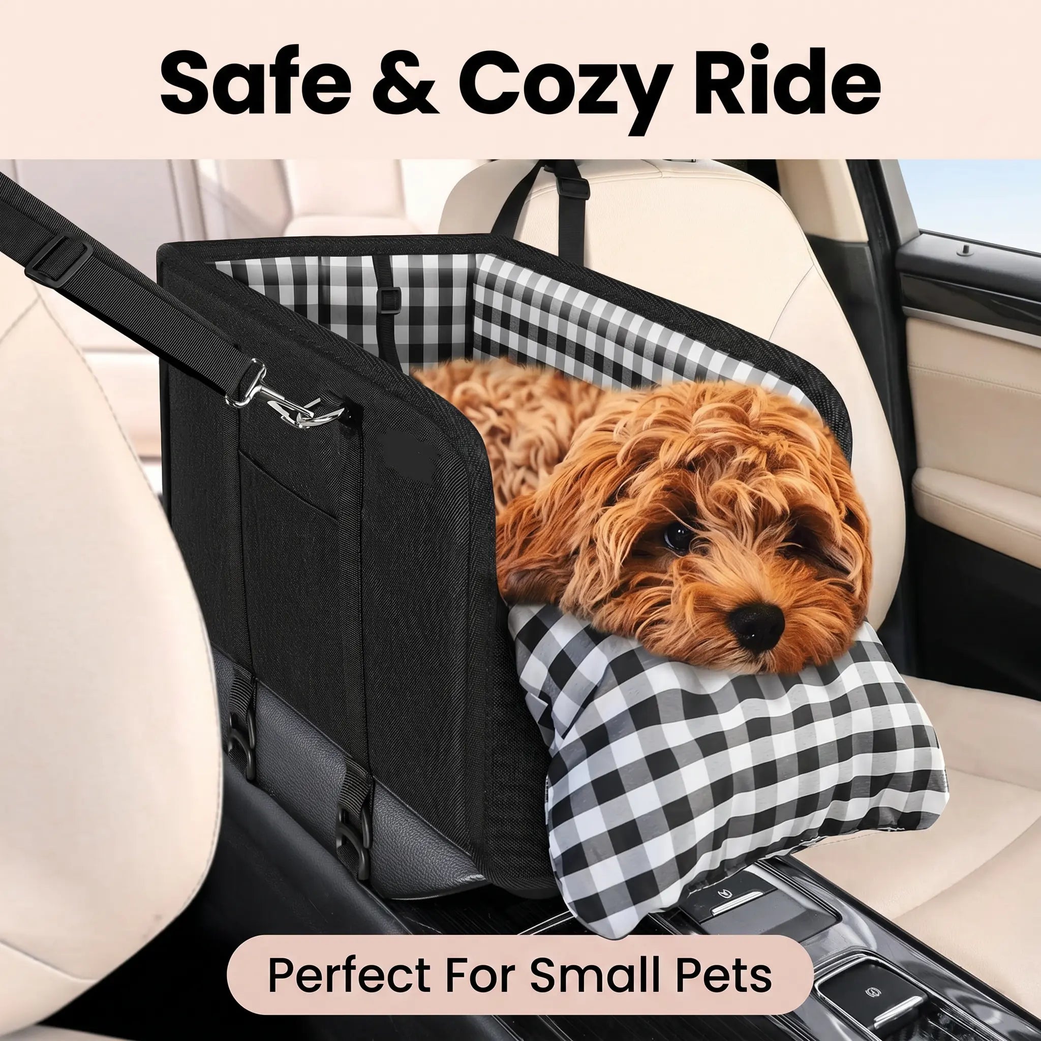 Anti-Anxiety Dog Console Car Seat with Safety Leash - Comfort Plaid Puppy Car Bed Booster, Washable Travel Car Carrier Seat for Chihuahua, Yorkie Gift Cat,Back to School