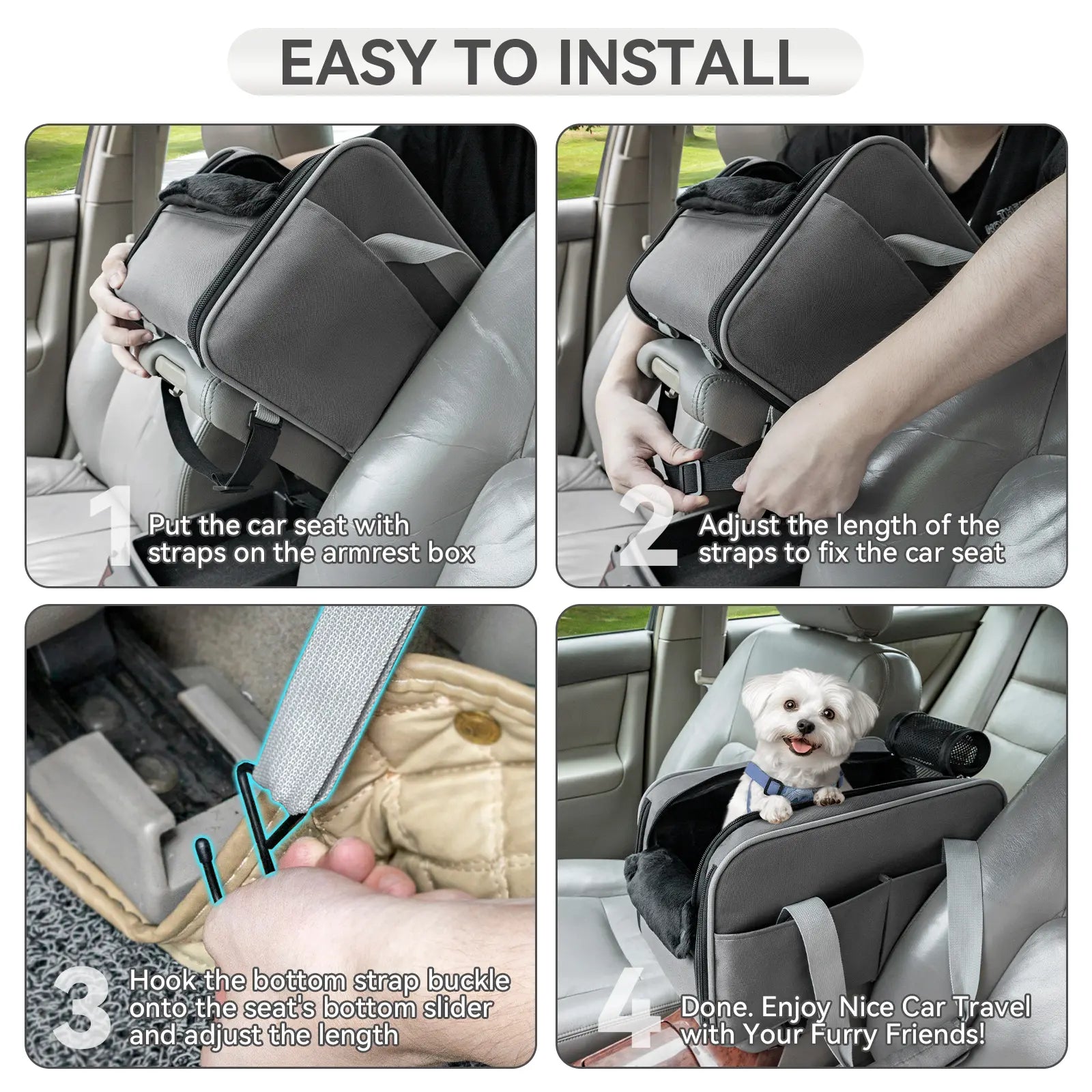 PETSFIT Versatile Fabric Center Console Dog Car Seat - Airline Approved Carrier, 2 Pockets, Ample Storage, Safety Tether, Portable for Small Dogs/Cats up to 9 LBS (16.9" X 9" X 9.5", Deep Grey)
