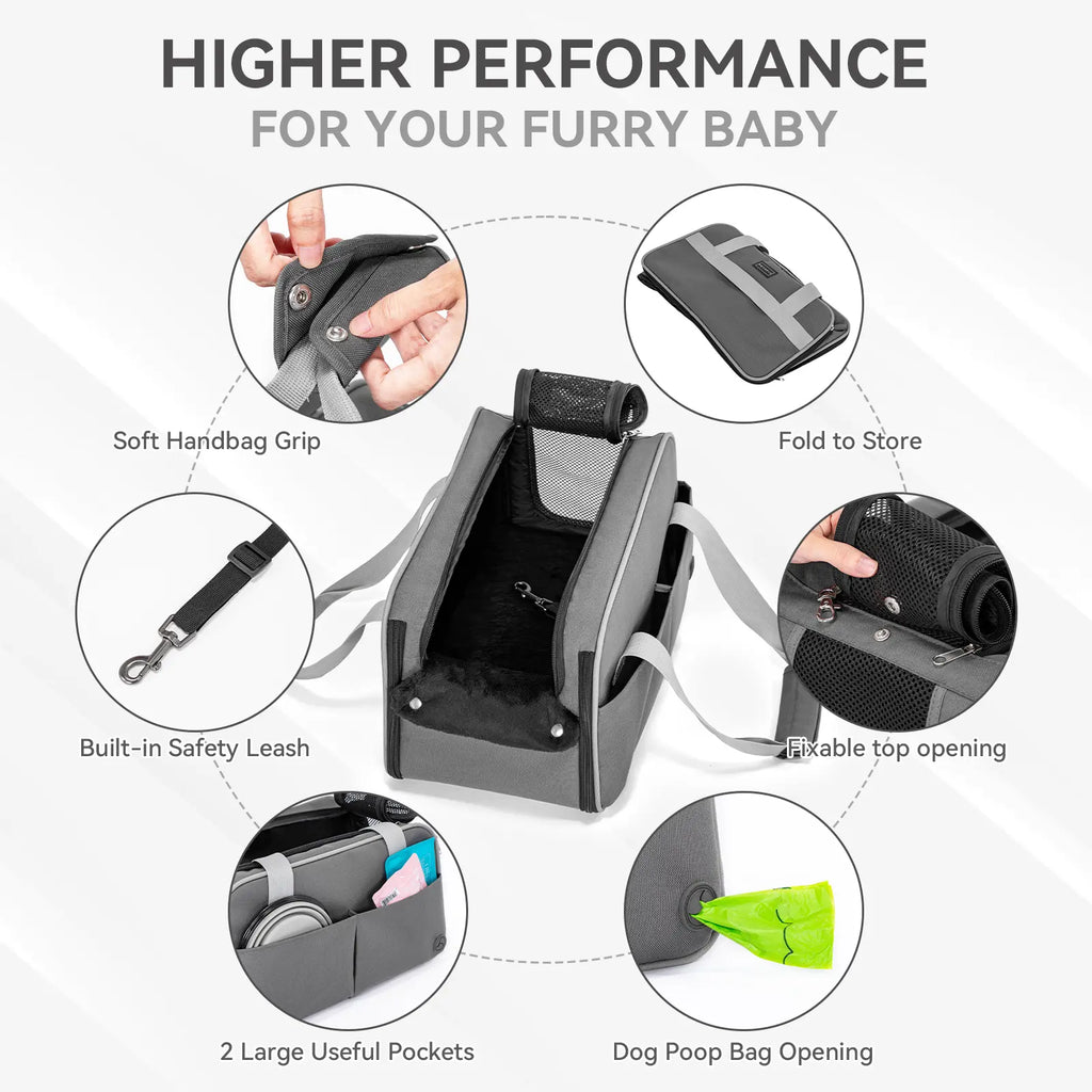 PETSFIT Versatile Fabric Center Console Dog Car Seat - Airline Approved Carrier, 2 Pockets, Ample Storage, Safety Tether, Portable for Small Dogs/Cats up to 9 LBS (16.9" X 9" X 9.5", Deep Grey)