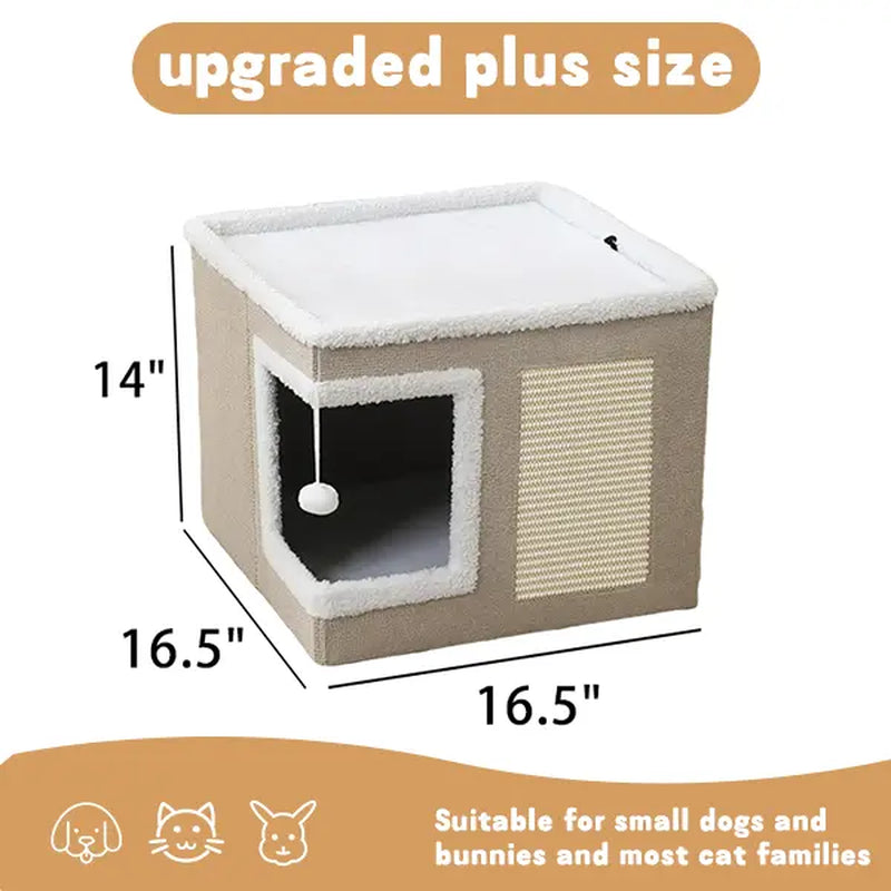 Large Indoor Cat Bed - Soft Foldable Cat Cave Hideaway for Kittens and Adult Cats with Sisal Scratch Pad and Hanging Fluffy Ball, 16.5" x 16.5" x 14", Grey