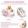 PETSFIT Luxury Look Pet Car Seat - Cat & Dog Console Car Accessory with Safe Protective Hooks, Safety Leash, Storage Pocket, Shoulder Straps - Leather & Fabric, Portable for Pets up to 11 Lbs (Pink)