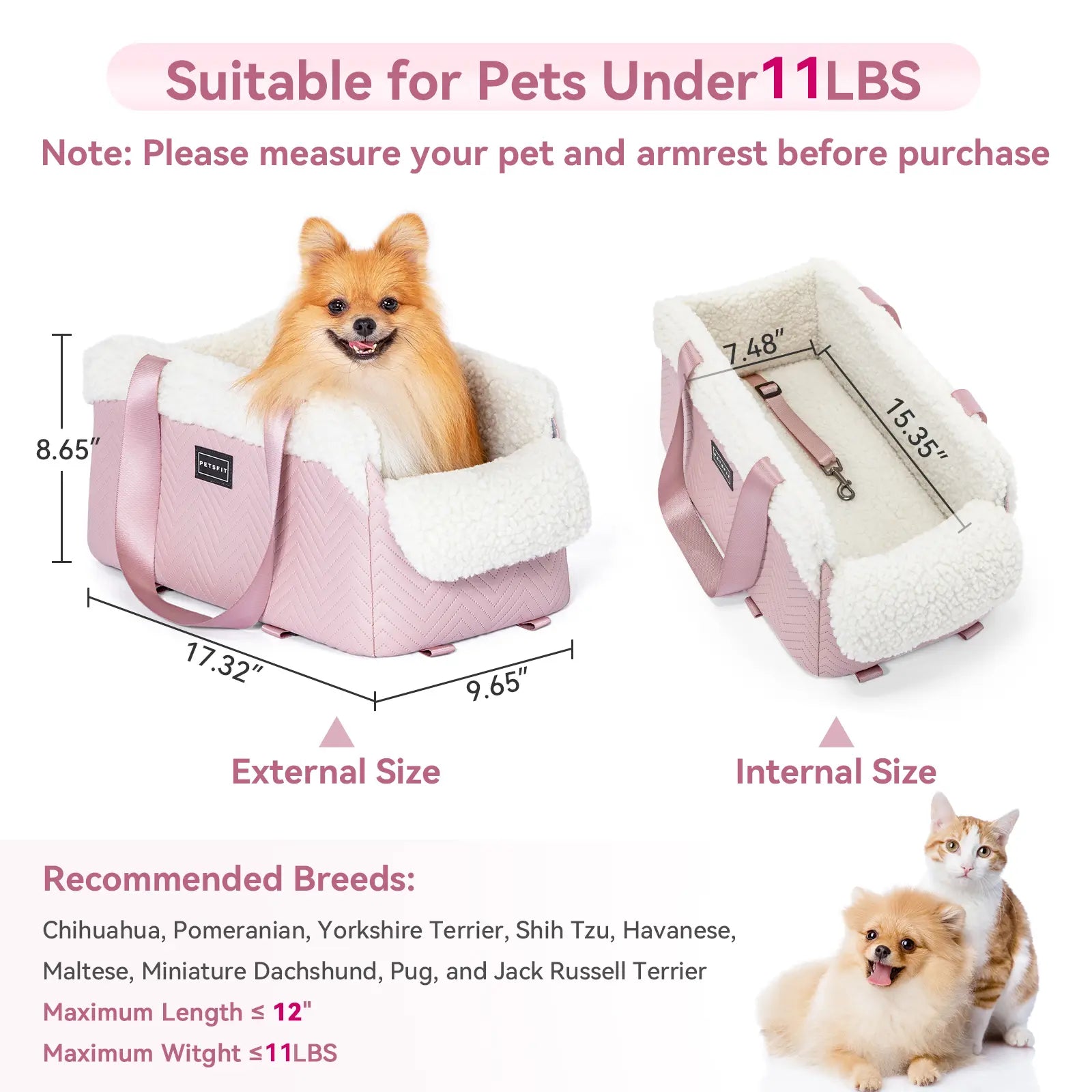 PETSFIT Luxury Look Pet Car Seat - Cat & Dog Console Car Accessory with Safe Protective Hooks, Safety Leash, Storage Pocket, Shoulder Straps - Leather & Fabric, Portable for Pets up to 11 Lbs (Pink)