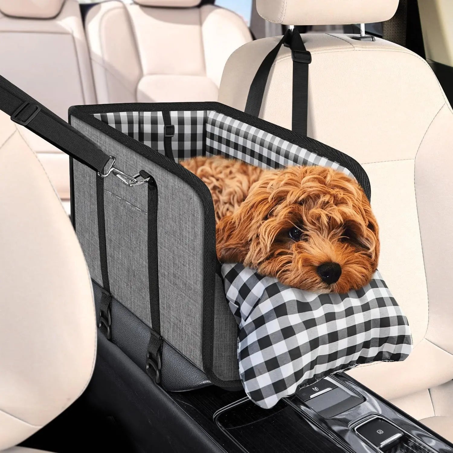 Anti-Anxiety Dog Console Car Seat with Safety Leash - Comfort Plaid Puppy Car Bed Booster, Washable Travel Car Carrier Seat for Chihuahua, Yorkie Gift Cat,Back to School